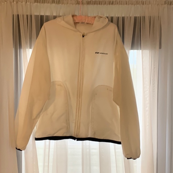 Jacket, hooded, White with mesh lining and Navy trimmed bottom and sleeves,  L. - Picture 1 of 11